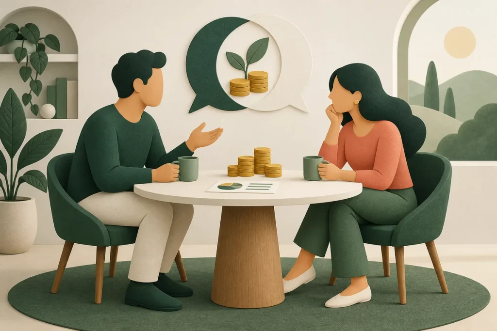 Pareja organizando sus finanzas mediante una conversación tranquila