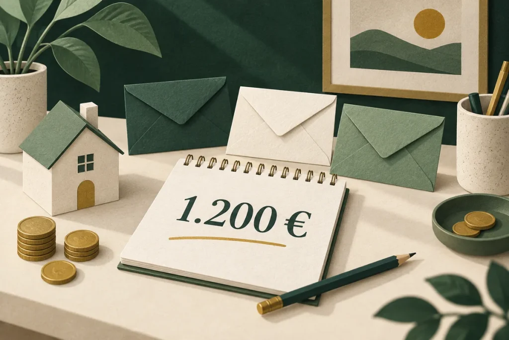 Cuaderno con un presupuesto de 1.200 euros, sobres y monedas para organizar los gastos