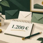 Cuaderno con un presupuesto de 1.200 euros, sobres y monedas para organizar los gastos