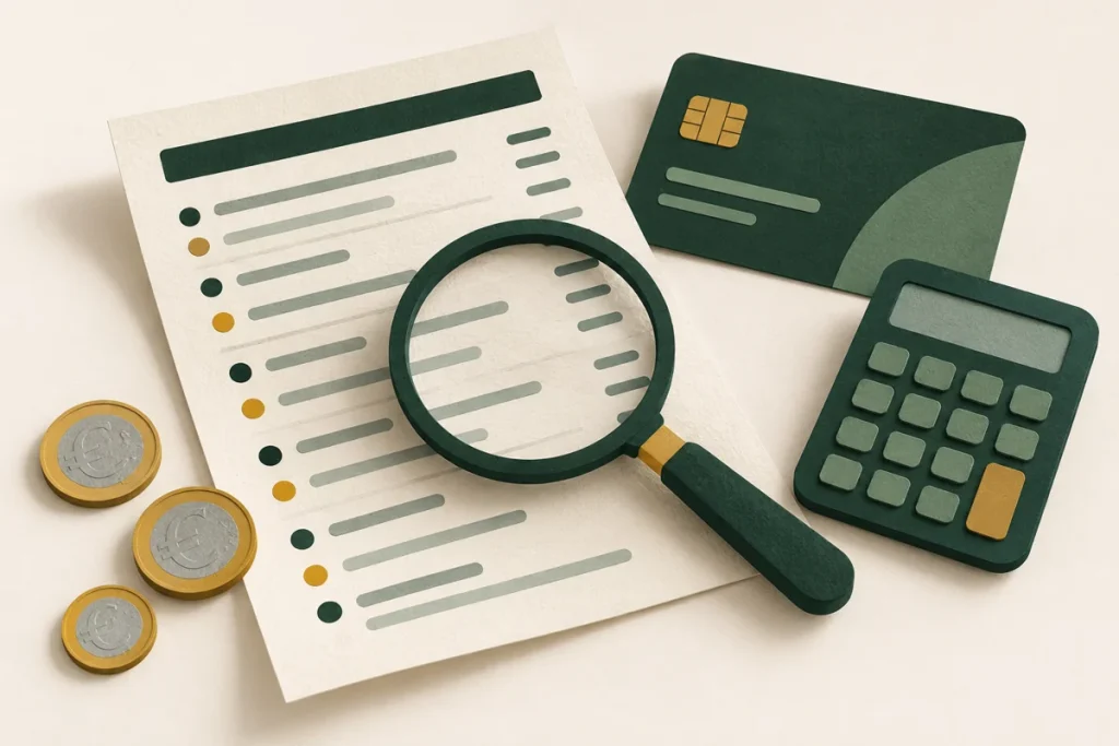 Lupa sobre un extracto ilustrado junto a una tarjeta y una calculadora para revisar comisiones bancarias