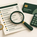 Lupa sobre un extracto ilustrado junto a una tarjeta y una calculadora para revisar comisiones bancarias