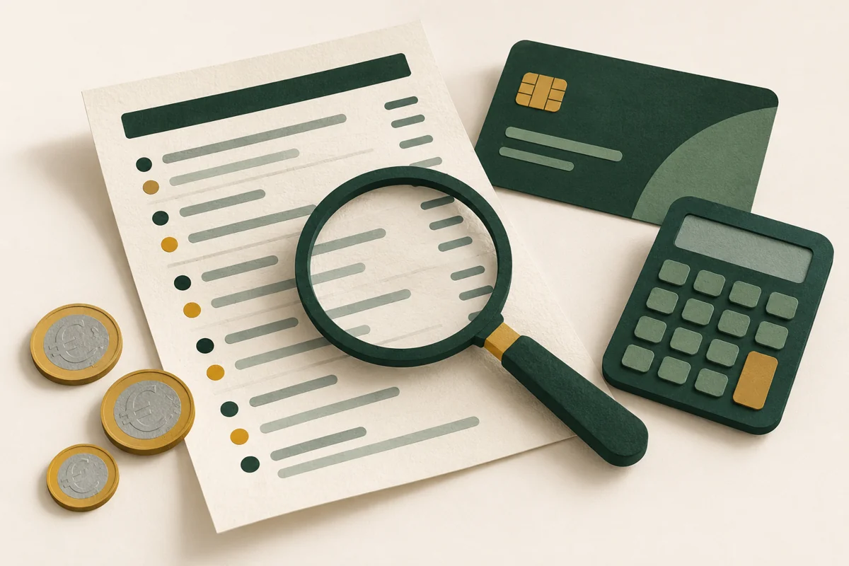 Lupa sobre un extracto ilustrado junto a una tarjeta y una calculadora para revisar comisiones bancarias