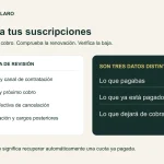 Ficha ilustrada para revisar suscripciones: importe, próximo cobro y confirmación de baja